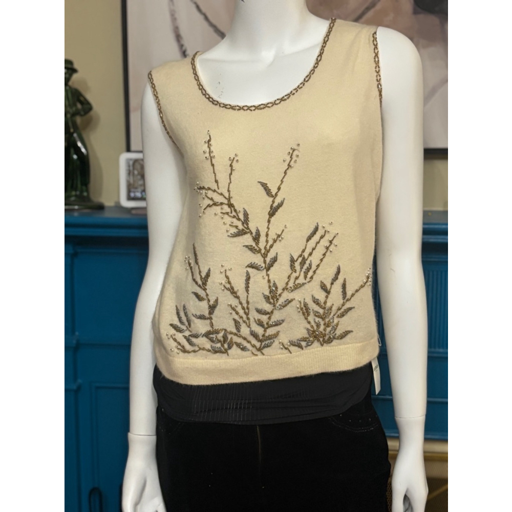 Vintage House of Gold Sleeveless Top Size M Cream Gold Beaded